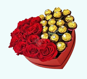 12 Rosas en Caja Corazón y mitad de Bombones Ferrero Roche